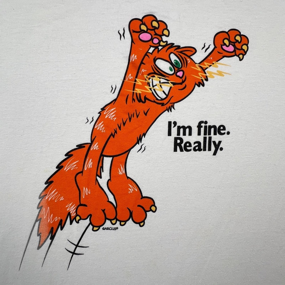 Argus I'm Fine Really Cat T-Shirt Mens M Funny White Humor Tee Vintage Style